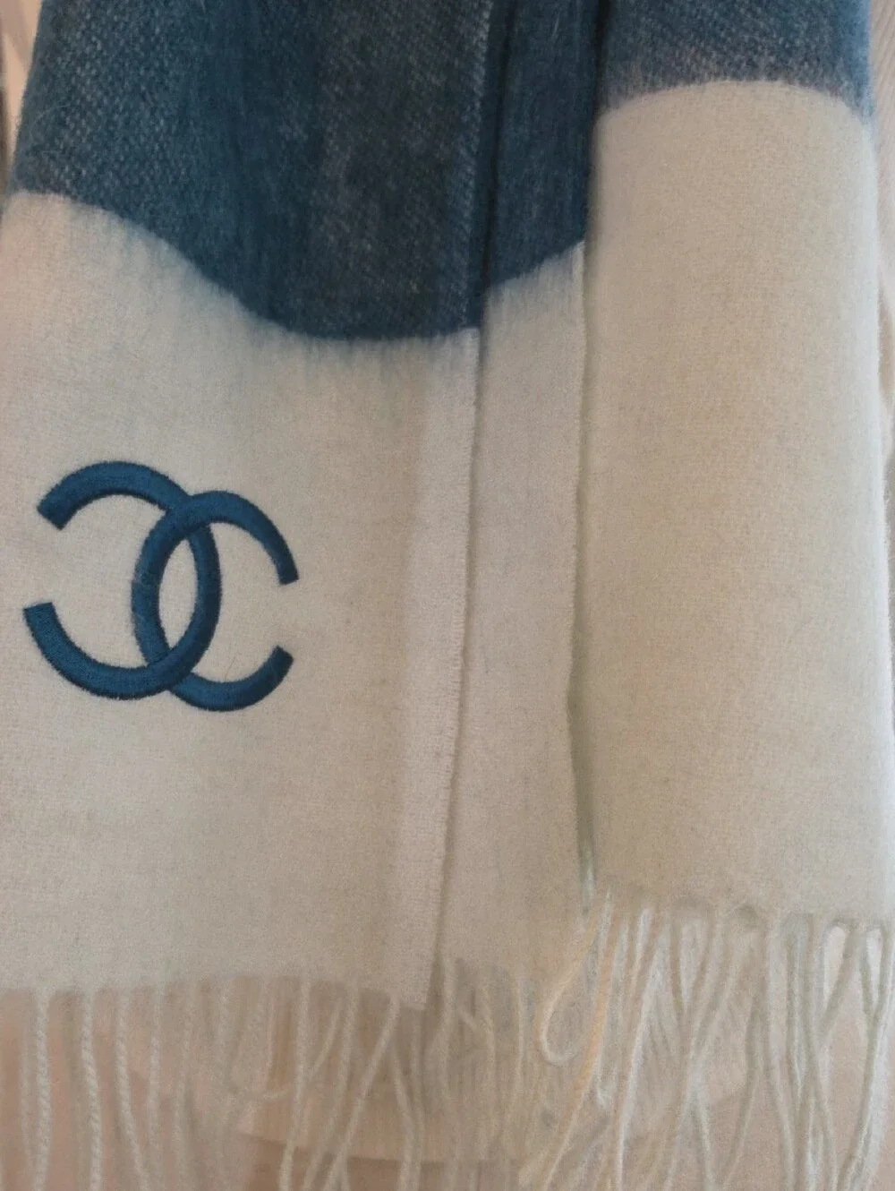 CHANEL Blue and Cream Embroidered CC Logo Scarf